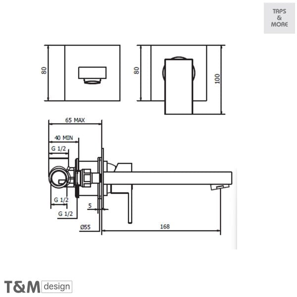 CUB318SB-418 CUBE WALL MOUNTED WASHBASIN MIXER (2 PC.) WITH CONCEALED BODY WITH CLIC-CLAC WASTE SET - T&M DESIGN - 5 SET