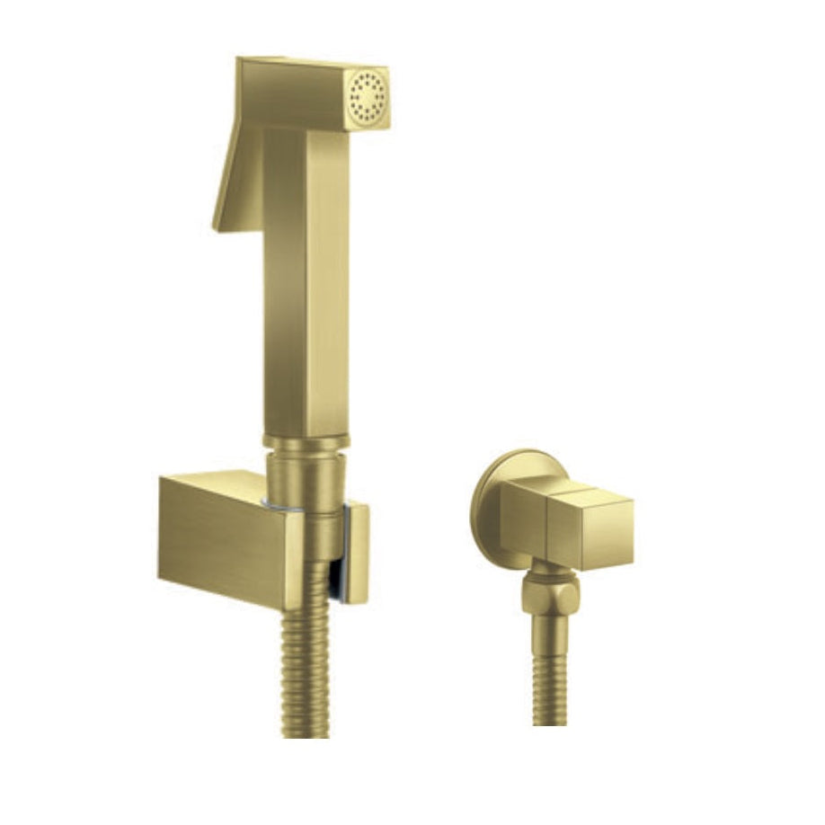SSDLI1031SB LINE SQUARE SHATTAF SHOWER SET, SOFT BRASS TRIGGER, STAINLESS STEEL SOFT BRASS DOUBLE LOCK HOSE 120 CM, SQUARE SOFT BRASS ANGLE VALVE ½ X ½, SQUARE SOFT BRASS WALL BRACKET - T&M DESIGN - 9 SET