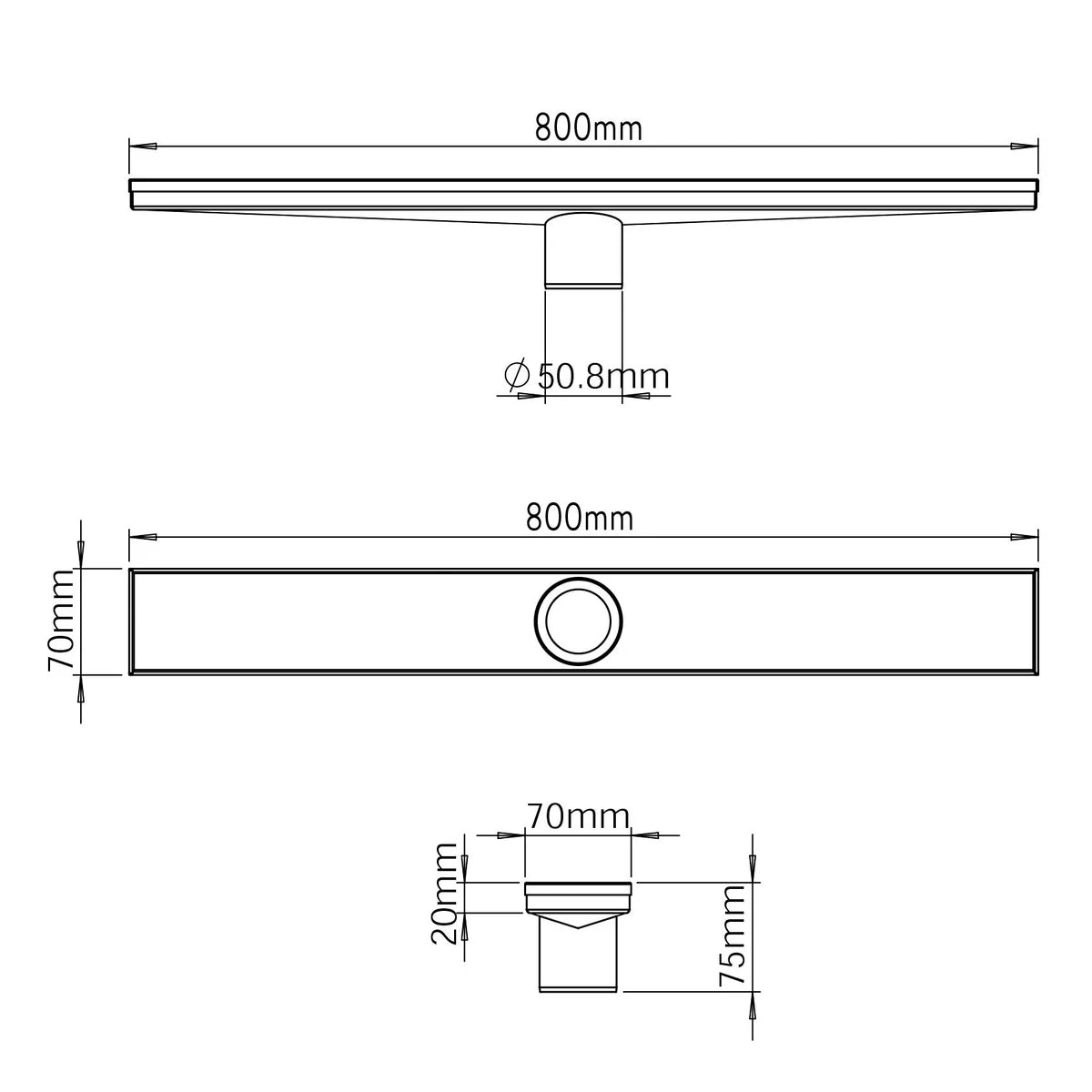 AQD-SCB-800700-BS CONTRACT SHOWER CHANNEL BASE 800X70X75MM BRUSHED STAINLESS STEEL - AQUADRAIN - 2 PCS