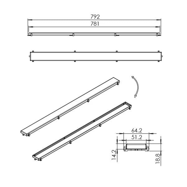 AQD-SCC-80072-316-BS CONTRACT REVERSIBLE SHW CHANNEL COVER WITH TILE INSERT 792X64.2X18.8MM (GRADE 316) BRUSHED STAINLESS STEEL - AQUADRAIN - 26 PCS