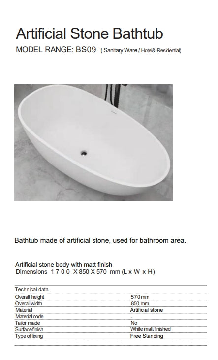 BS09 ARTIFICIAL STONE BATHTUB 1700 MM - WONDERFUL HK - 0 PCS