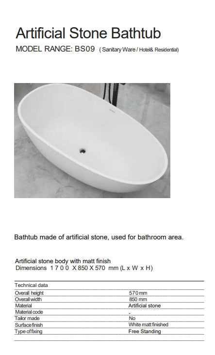 BS09 ARTIFICIAL STONE BATHTUB 1700 MM - WONDERFUL HK - 0 PCS