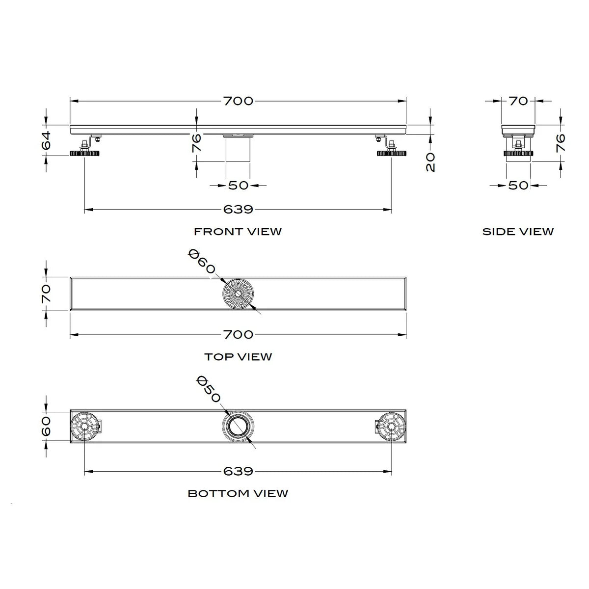 AQD-SCB-70070-316-BS CONTRACT SHOWER CHANNEL BASE 700X70X75MM (GRADE 316) BRUSHED STAINLESS STEEL - AQUADRAIN - 134 PCS