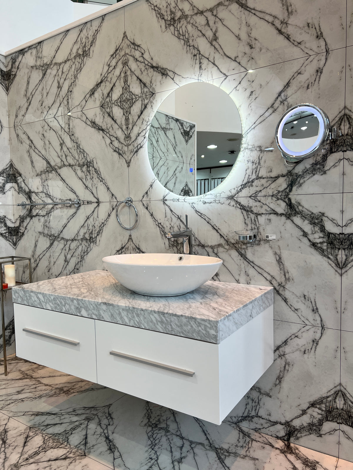 WB01 NATURAL MARBLE COUNTER TOP CERAMIC BASIN WITH CABINET & MIRROR - WONDERFUL HK - 0 SET